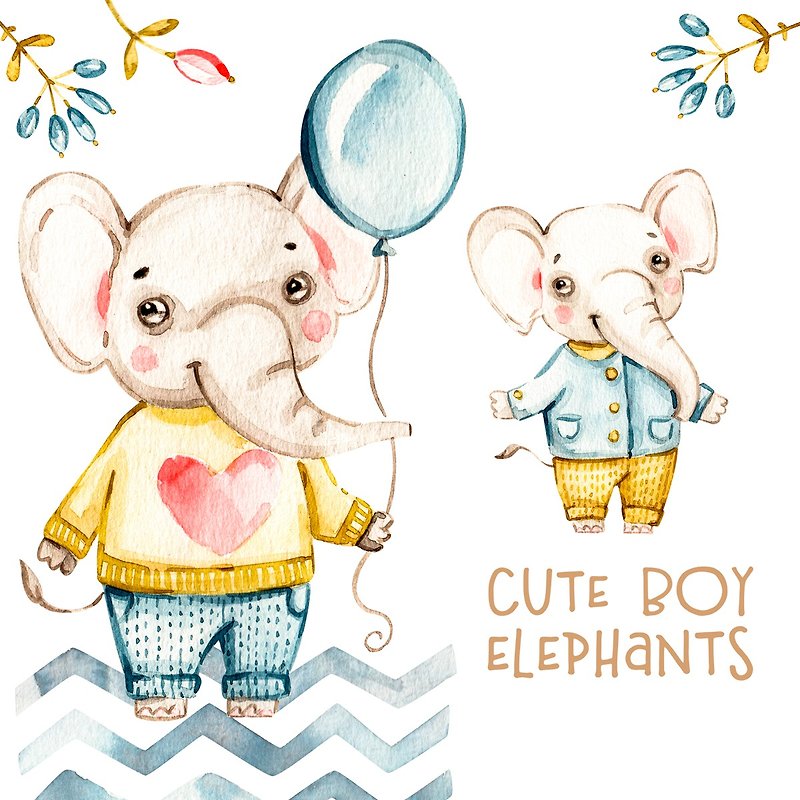 Watercolor cute elephant clipart, hand painted Baby boy nursery Animals - DIY Tutorials ＆ Reference Materials - Other Materials 