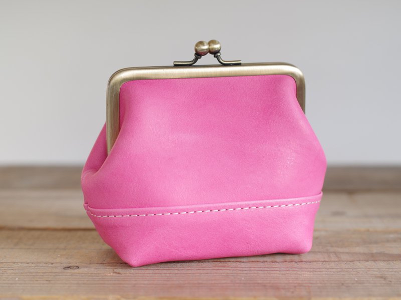 Leather kiss lock bag mini pouch pink - Toiletry Bags & Pouches - Genuine Leather Pink