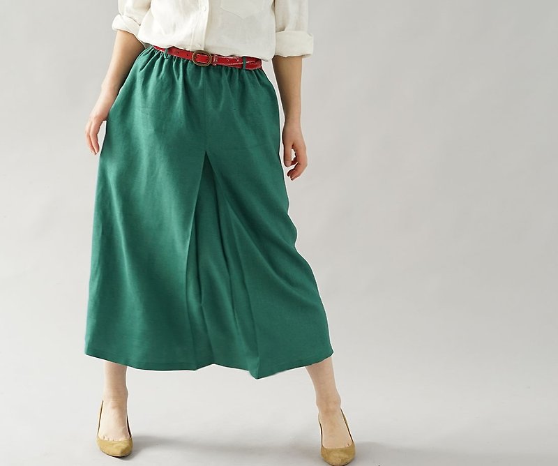 wafu Linen skirt / bottom / long length / tuck / green sk18-2 - กระโปรง - ผ้าฝ้าย/ผ้าลินิน สีเขียว