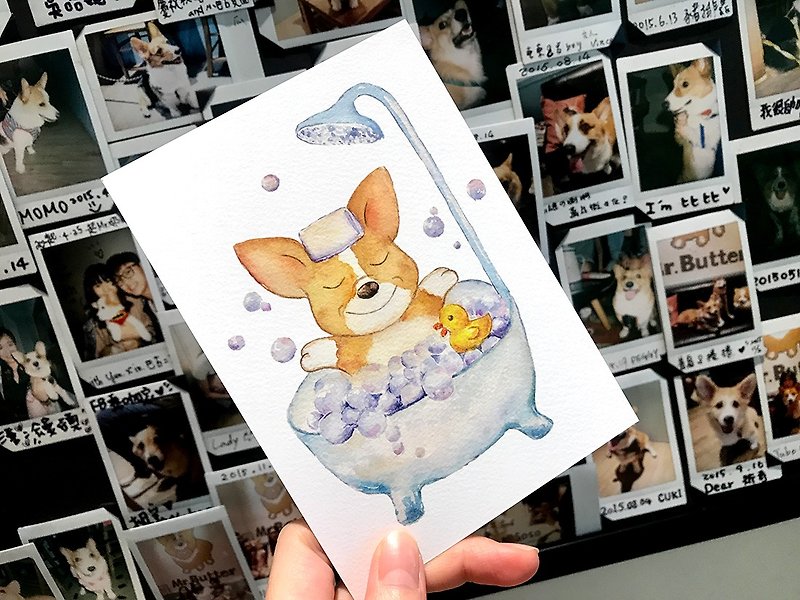 Bubble Bath Corgi hand-painted postcard - Cards & Postcards - Paper 