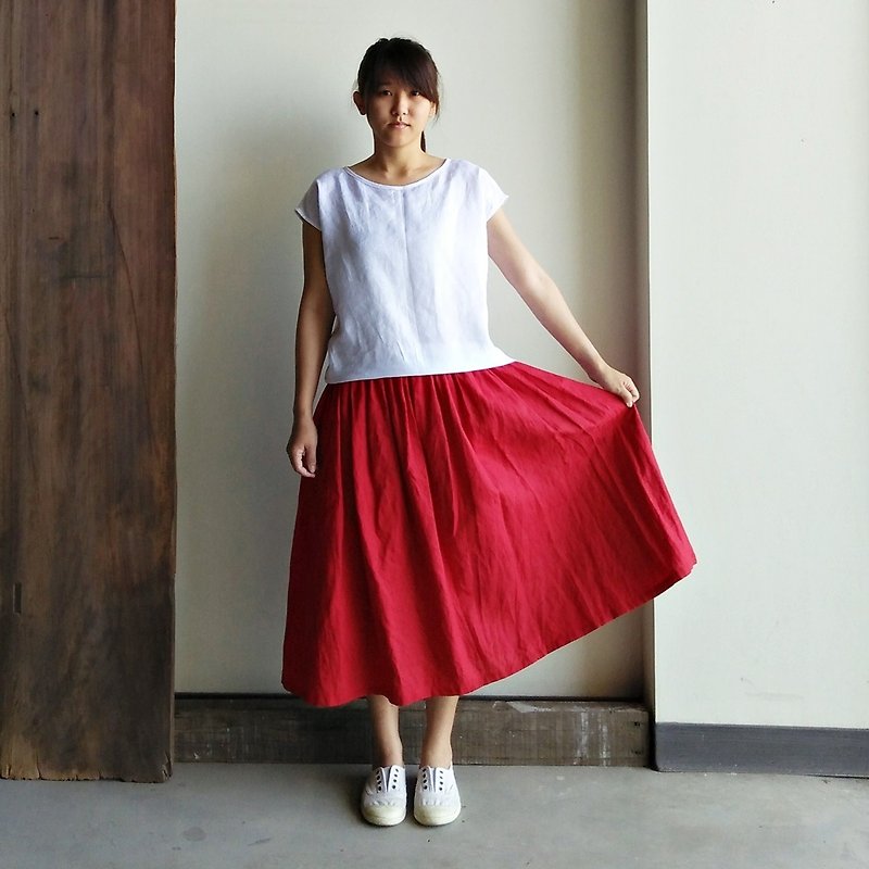 Spot flat mouth fold dress long skirt linen red - Skirts - Cotton & Hemp Red