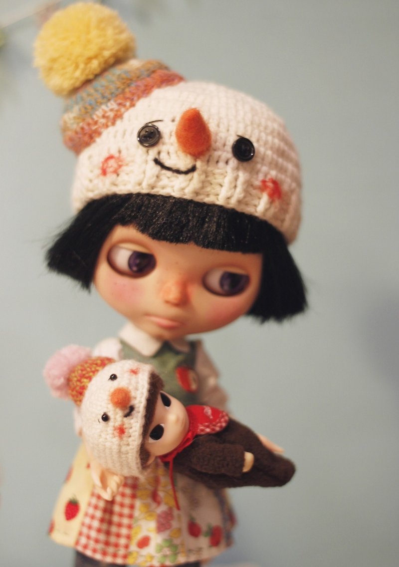 ブライスラージサイズの手編みのクリスマス限定雪だるま帽子 - 帽子 - ウール ホワイト