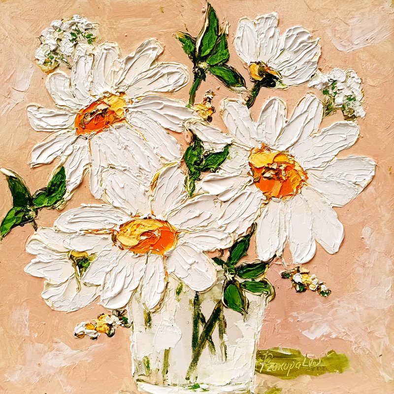 Daisy Oil Painting Original Artwork Impasto FlowerArt Daisy Flowers 10 x 10 - ตกแต่งผนัง - วัสดุอื่นๆ ขาว