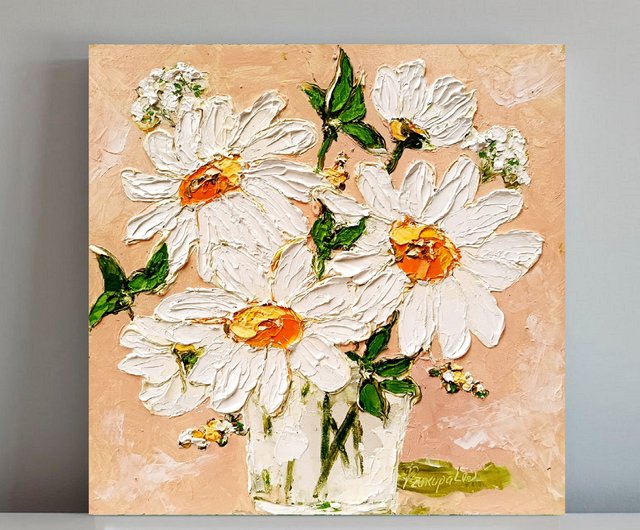 デイジー油絵 オリジナルアートワーク インパストフラワーアート