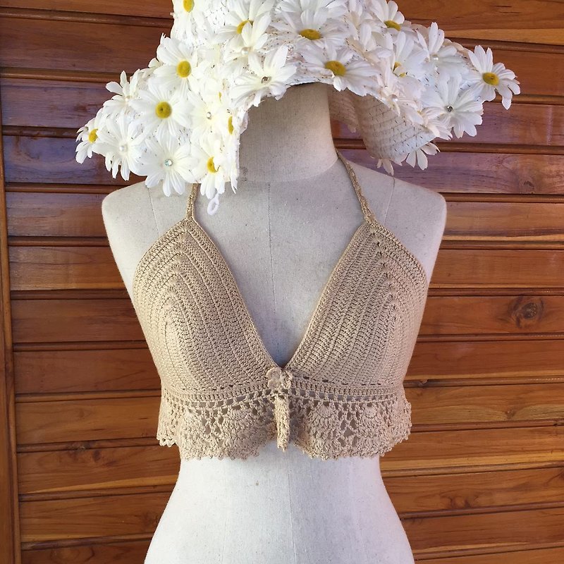 Crochet crop top for beach - Women's Swimwear - Wool Gold