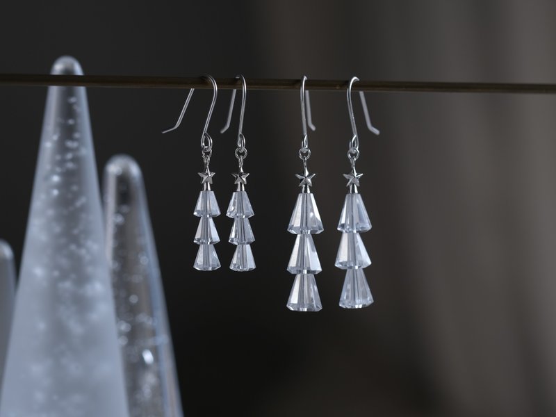 tiny tree earring Christmastree silver quartz Ssize Msize - Earrings & Clip-ons - Other Metals Silver