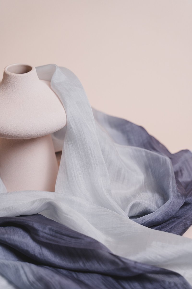 100% Mulberry Silk Scarf – Hand Dyed, Lightweight, Silver Grey Ombre - 絲巾 - 絲．絹 灰色