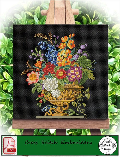 CreativeStudioElenka Vintage Cross Stitch Scheme Flowers in a vase - PDF Embroidery Scheme