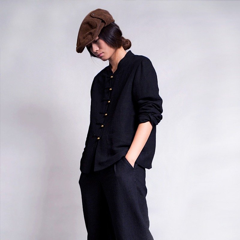 雲南リネン手作りブロンズバックル新しい中国の黒いジャケット - トップス - コットン・麻 ブラック