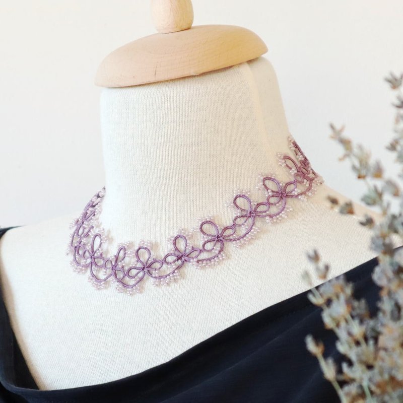 OYA Tatting lace Necklace【GRACE】Romantic Mauve - สร้อยคอ - ไฟเบอร์อื่นๆ สีม่วง