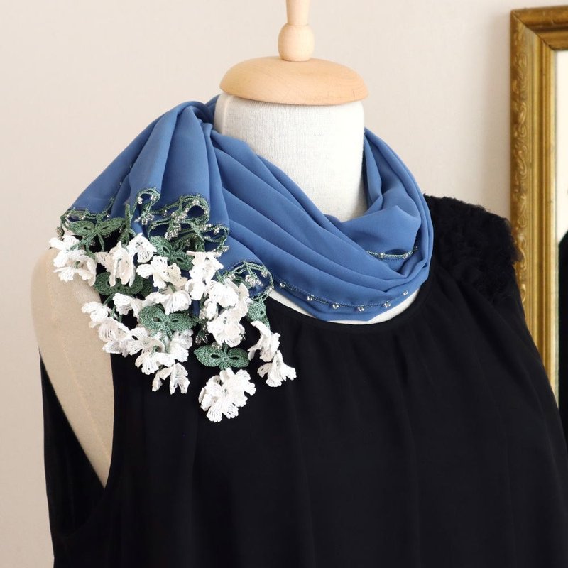 【Made to order】OYA crochet chiffon shawl【Flower of Wind】Blue Lake - Scarves - Other Man-Made Fibers Blue