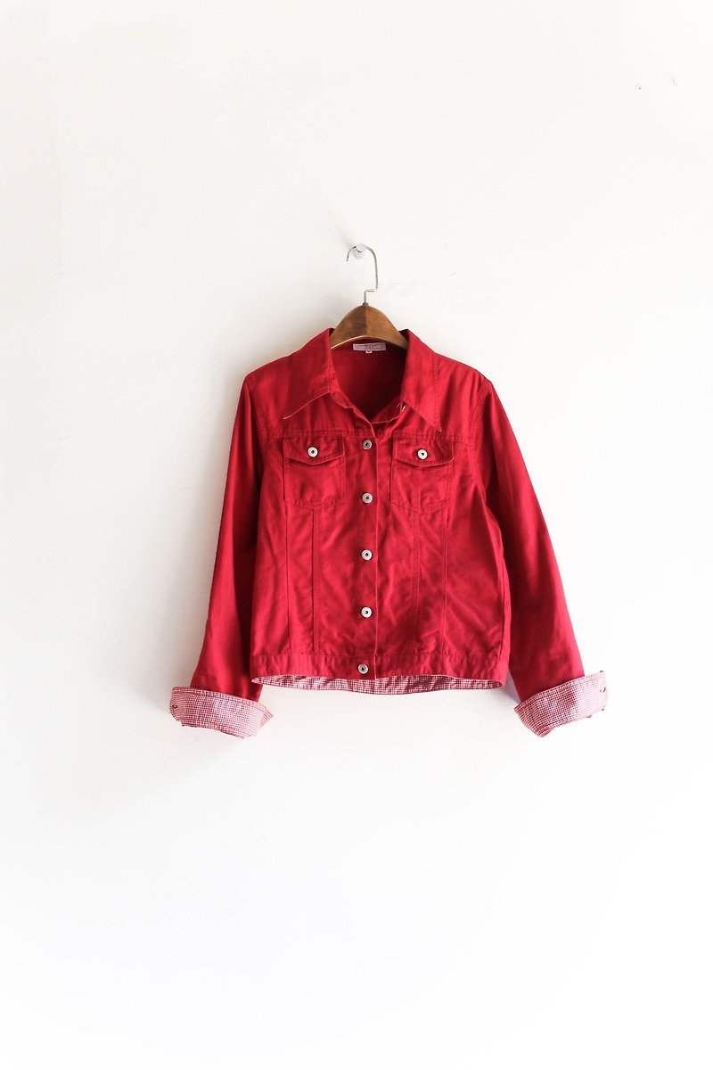 River Water Mountain - Aichi Fine Grunge Red Jade Girl Antique Cotton Tough Jacket jacket coat oversize vintage - เสื้อแจ็คเก็ต - ผ้าฝ้าย/ผ้าลินิน สีแดง