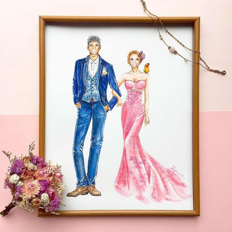 客製水彩人像 情人節婚禮(雙人) - 似顏繪/人像畫 - 其他材質 粉紅色