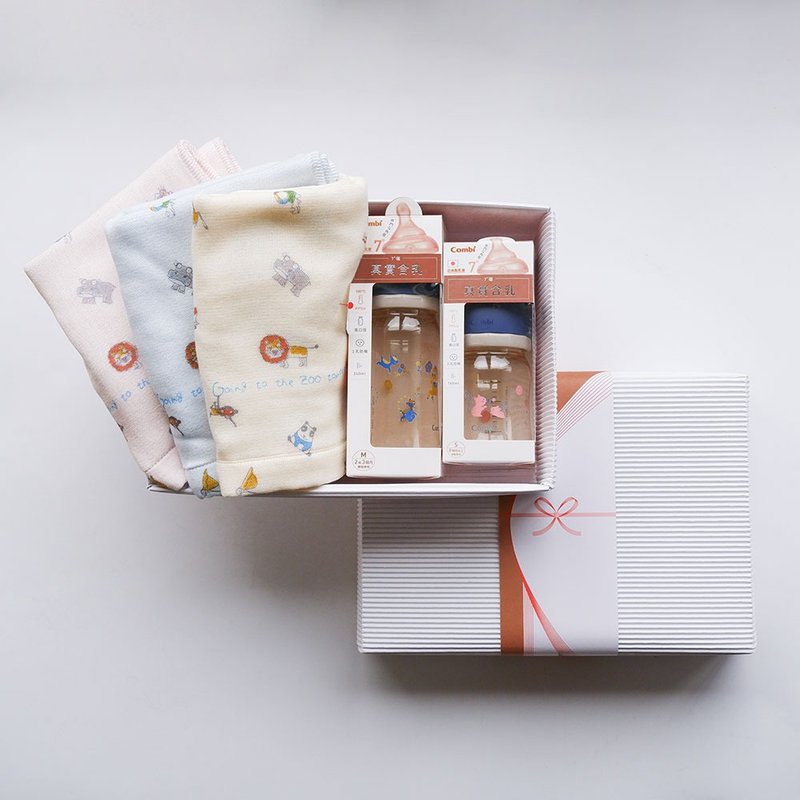 【combi x kontex】feeding bottle three-layer gauze bath towel newborn practical gift box set (with bag) - Baby Bottles & Pacifiers - Resin Multicolor