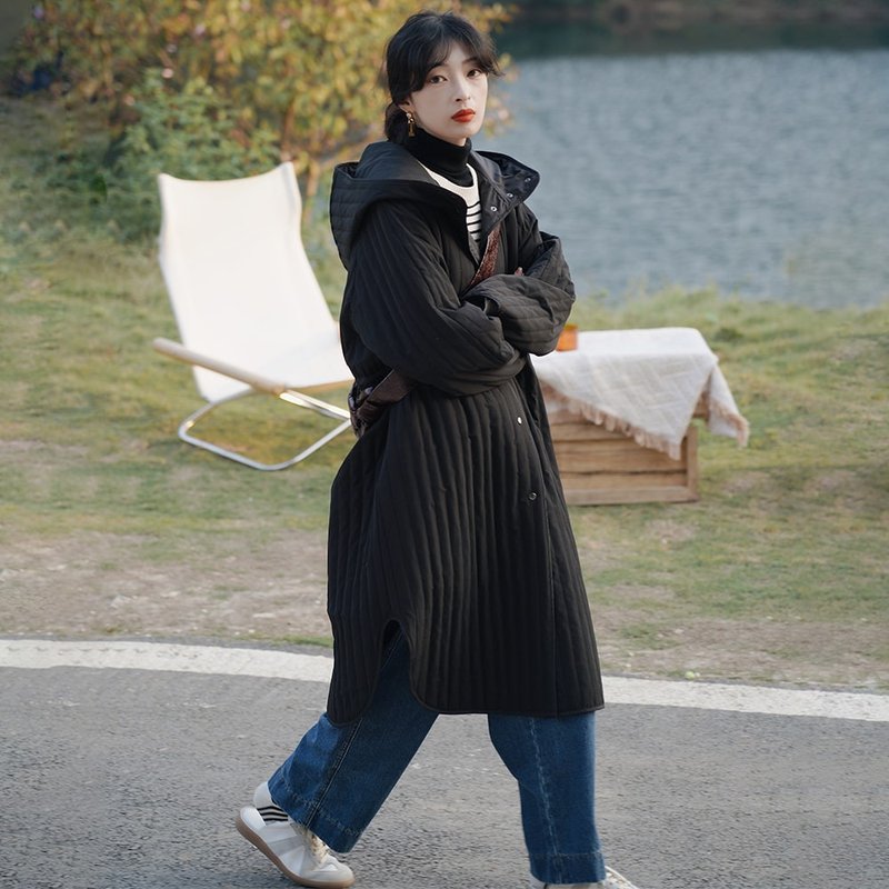 黑色長款連帽棉服外套|外套|秋冬款|Sora-860 - 女大衣/外套 - 其他人造纖維 黑色