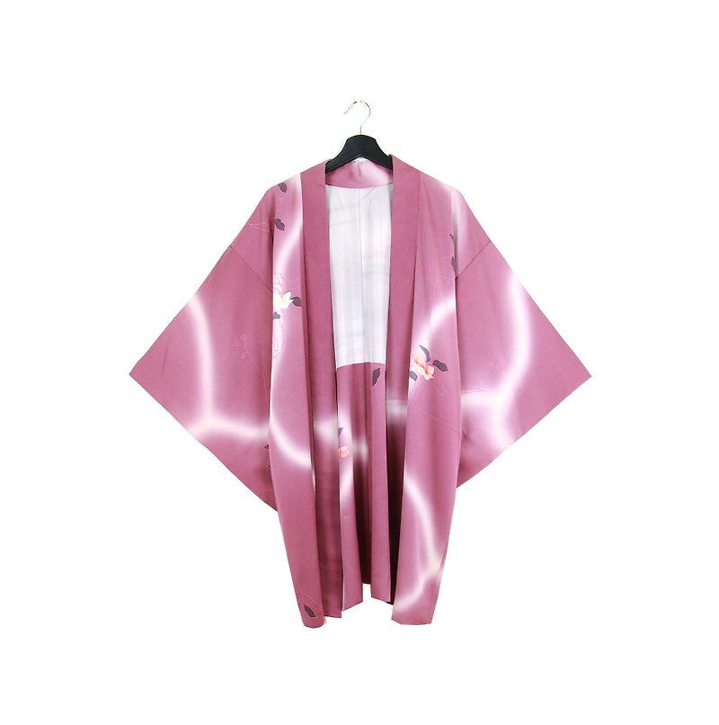 Back to Green 日本帶回 蘭紫花朵水面波紋 vintage kimono - 外套/大衣 - 絲．絹 