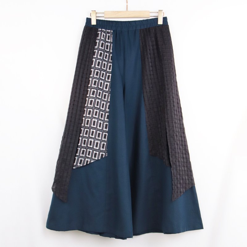 藏青 - 小黑格白方格拼接鬆緊褲裙 #U2066 - 女長褲 - 棉．麻 藍色