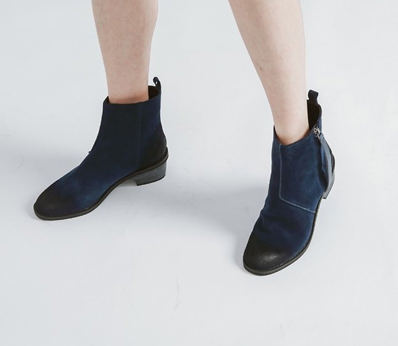 Very simple block cut high tube leather low boots blue - รองเท้าบูทสั้นผู้หญิง - หนังแท้ สีน้ำเงิน