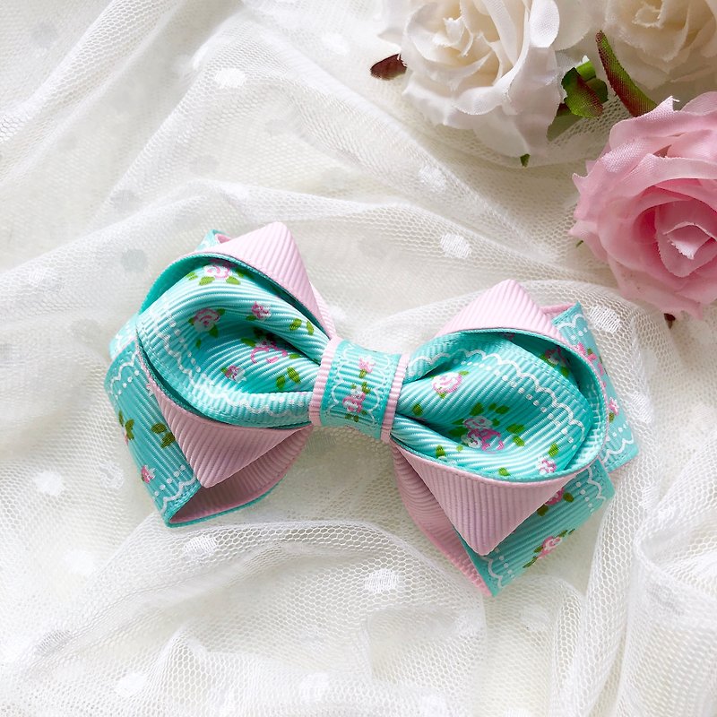 Pink and Sweet Small Floral Bow Hairpin/Pink Green - Hair Accessories - Other Materials Green