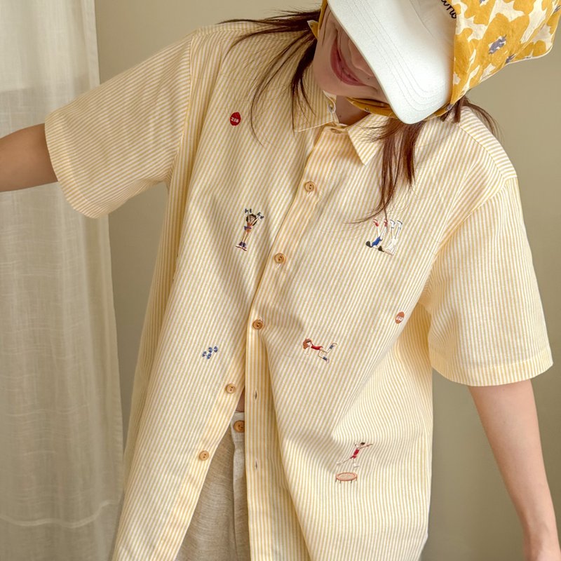刺繡襯衫 (Embroidery Shirt) 黃色條紋 (Yellow Stripe) - 女襯衫 - 棉．麻 黃色
