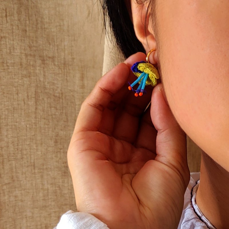 DUNIA handmade/Flower and fruit hand-stitched beaded cloth earrings/-yellow green with blue - Earrings & Clip-ons - Cotton & Hemp Multicolor