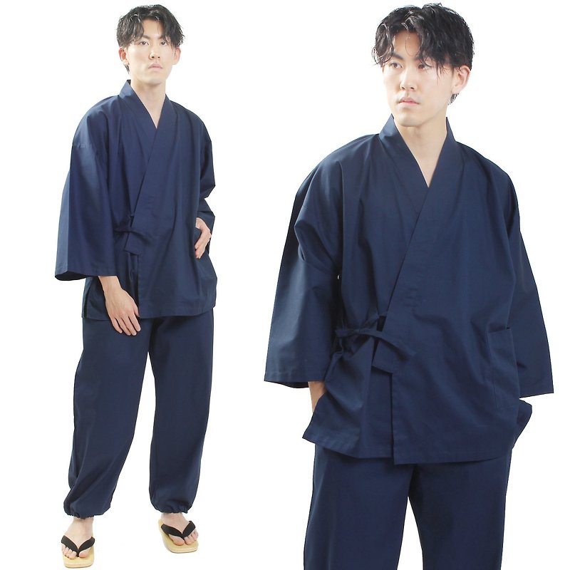 日本 和服 男性用 彈力 作務衣 套裝 M L LL 海軍藍 - 睡衣/家居服 - 棉．麻 藍色