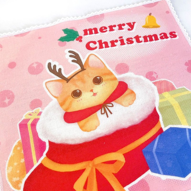 Illustrative handkerchief-Cat in Christmas stocking - Handkerchiefs & Pocket Squares - Cotton & Hemp Pink