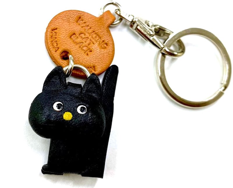 黒ねこちゃん あるき 本革キーホルダ 日本製 バンカクラフト - 鑰匙圈/鑰匙包 - 真皮 黑色