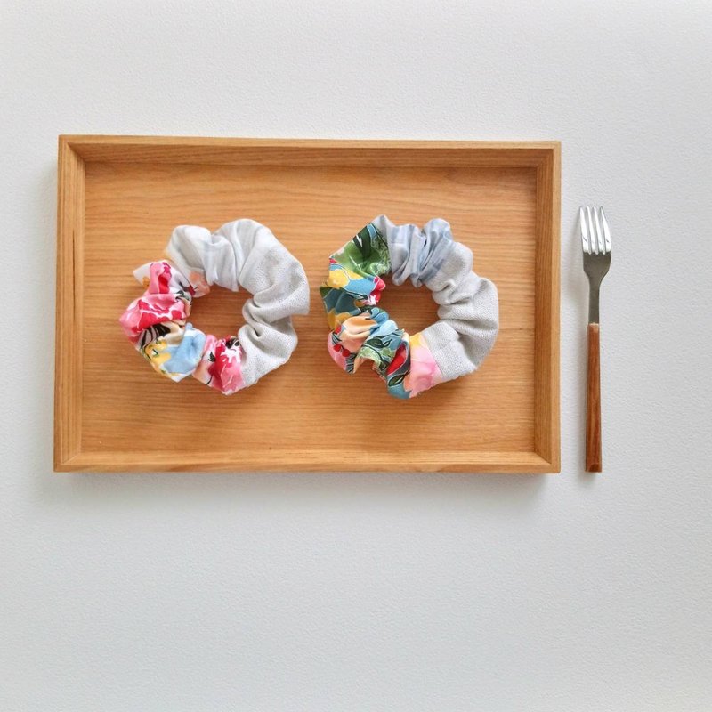 [GBD/Franchi hair tie] Watercolor large flower two-color aqua stripe French Silver onion cloth - เครื่องประดับผม - ผ้าฝ้าย/ผ้าลินิน หลากหลายสี