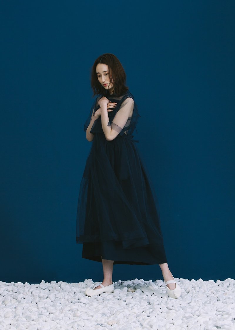 假兩件雙層娃娃領連衣裙 (透明) - 洋裝/連身裙 - 聚酯纖維 藍色