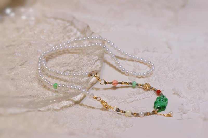 Original natural jadeite multi-treasure with pearl bracelet necklace dual-purpose pearl necklace jadeite necklace sweater chain - สร้อยข้อมือ - หยก 