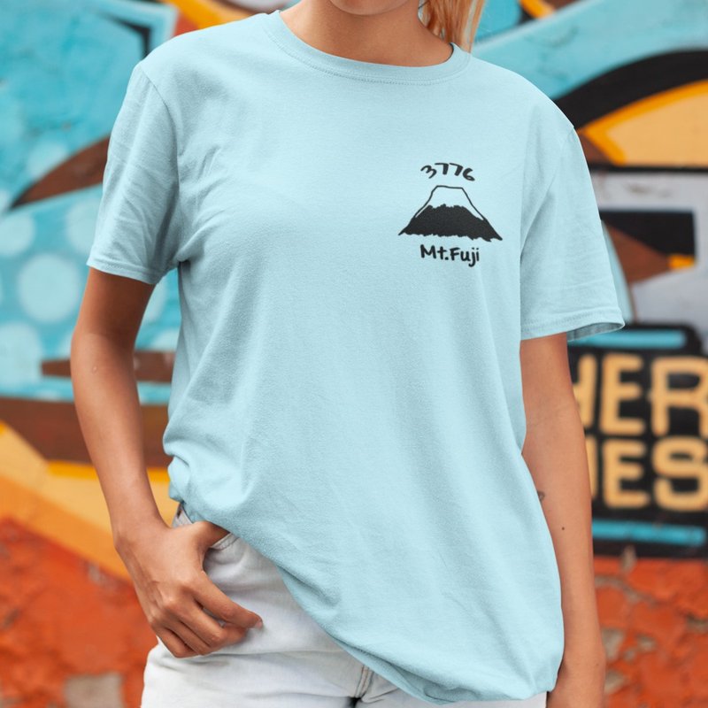 Pocket Mt Fuji 3776 unisex Light Blue t shirt - Women's Tops - Cotton & Hemp Blue