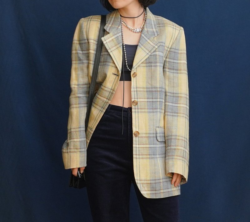 DAKS yellow plaid blazer retro vintage - เสื้อสูท/เสื้อคลุมยาว - วัสดุอื่นๆ สีเหลือง