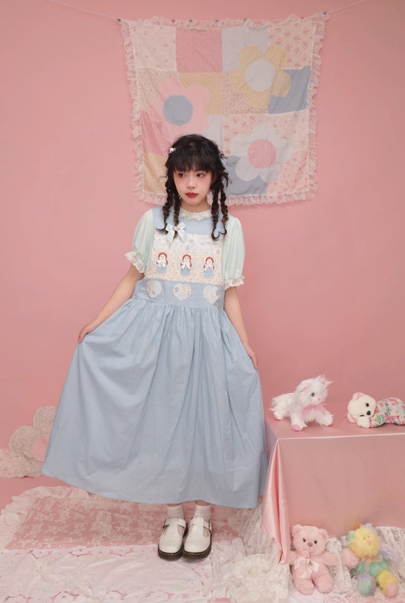 古著少女感 拼布小天使連身裙 - 洋裝/連身裙 - 其他材質 藍色