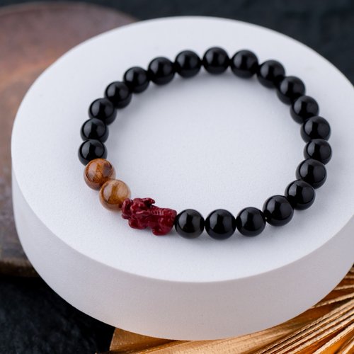 WoodyHandMade 黑曜系列 8mm黑曜石硃砂吞金獸手串
