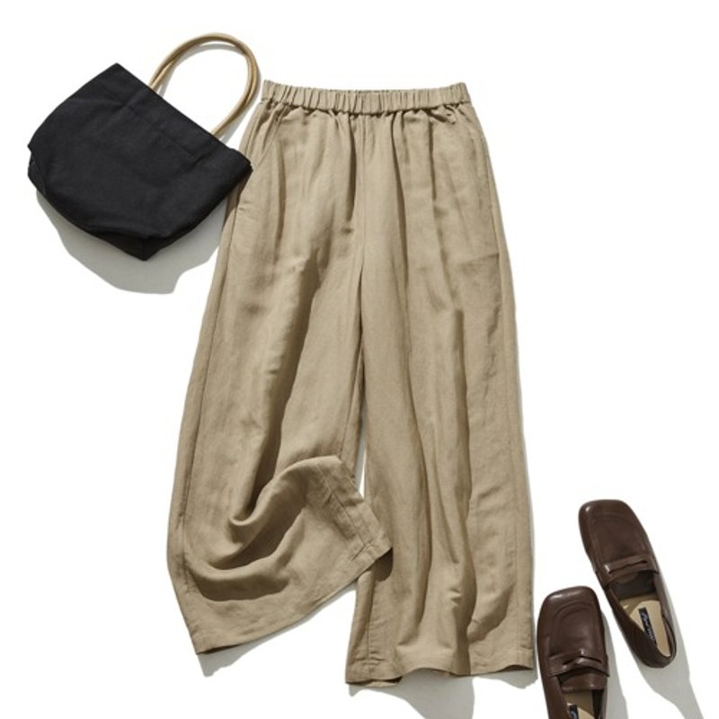 Wide pants with a comfortable waist for a slimming look. Cotton Linen, light tan color. 200907-9 - กางเกงขายาว - ผ้าฝ้าย/ผ้าลินิน 