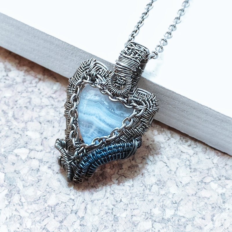 Blue Lace Agate necklace titanium wire wrapped metal allergy friendly a016 - Necklaces - Semi-Precious Stones Multicolor
