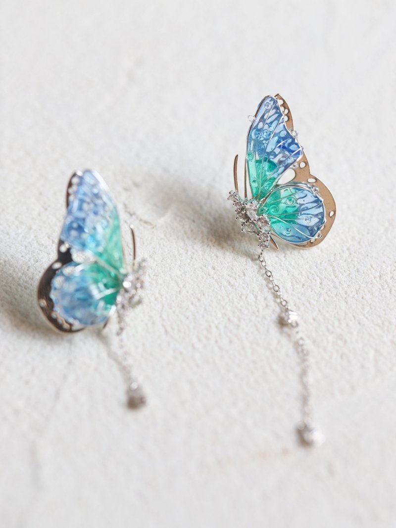 Silver cocoon into a butterfly original drop glue handmade earrings summer new products ladies long AB earrings - Earrings & Clip-ons - Other Materials 