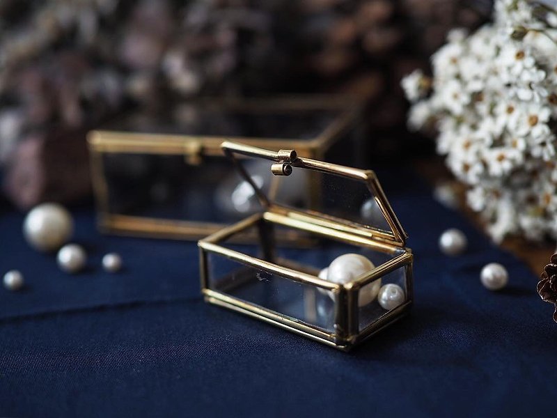 Vintage Handmade Brass Glass Box Rectangular S - กล่องเก็บของ - แก้ว สีทอง
