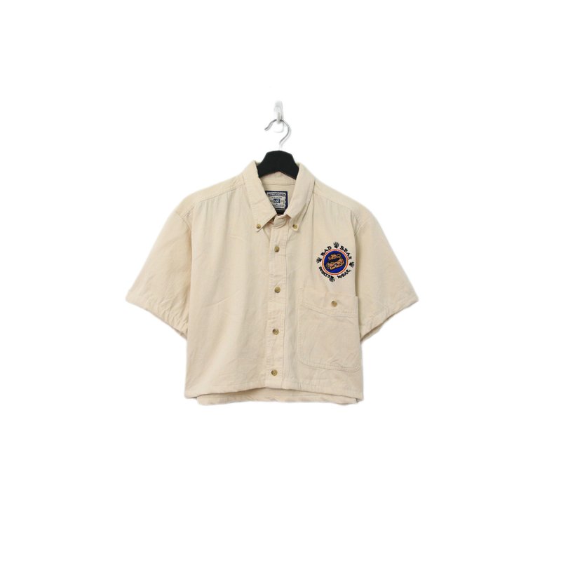 Back to Green-再製短板刺繡襯衫 墨鏡棕熊 wt-16//vintage shirt - 女襯衫 - 棉．麻 