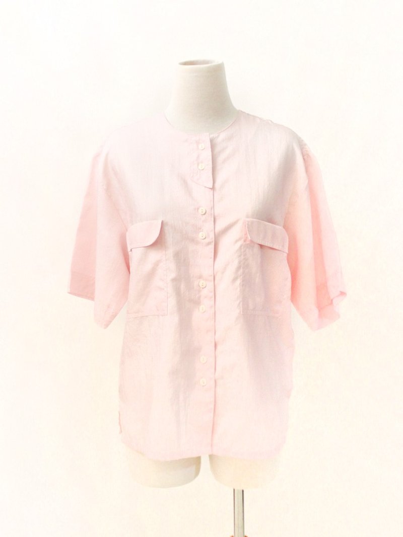 復古歐洲簡約寬鬆淡粉色短袖古著襯衫 - 恤衫 - 聚酯纖維 粉紅色