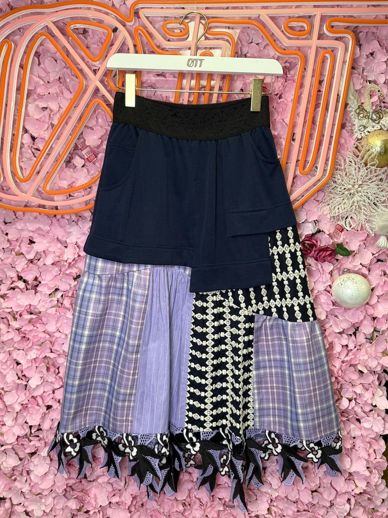 OTT only one piece•Japanese purple and blue embroidered checkered lace splicing slimming mid-length skirt - กระโปรง - ผ้าฝ้าย/ผ้าลินิน สีม่วง