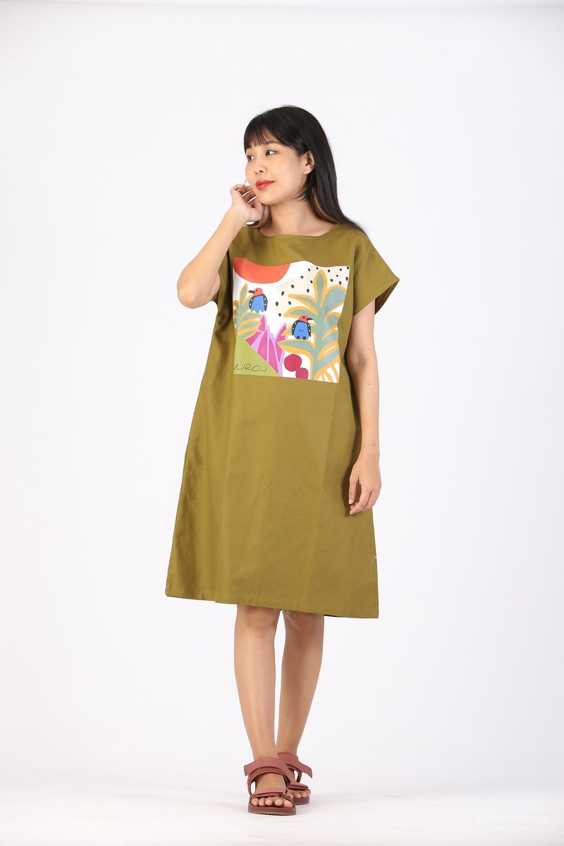Short Dress Linen Digital Print Screen - 洋裝/連身裙 - 棉．麻 綠色