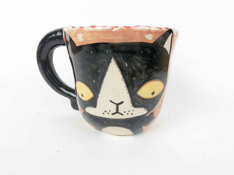 Nice Little Clay handmade fish with small fish expressionless cat 0103-26 - Mugs - Pottery Brown