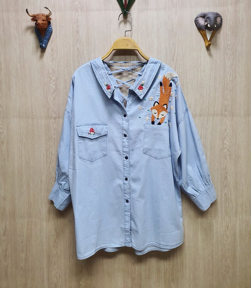 手工刺繡襯衫、棉織物、狐狸、鹿、兔、浣熊、貓頭鷹、蘑菇 - 女襯衫 - 繡線 藍色