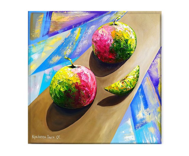 リンゴの油絵、キャンバスに手描きされた果物のオリジナル絵画