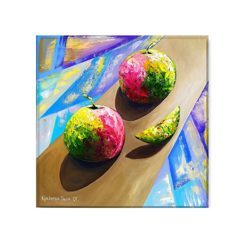 Apple oil painting, Original painting Fruit hand painted on canvas, abstraction - ตกแต่งผนัง - ผ้าฝ้าย/ผ้าลินิน หลากหลายสี