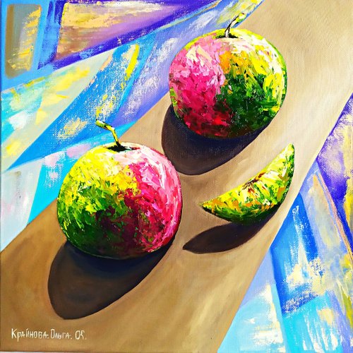 リンゴの油絵、キャンバスに手描きされた果物のオリジナル絵画