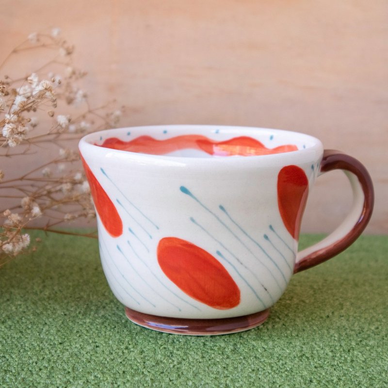 Red oval x light blue thin line cup - แก้วมัค/แก้วกาแฟ - ดินเผา หลากหลายสี