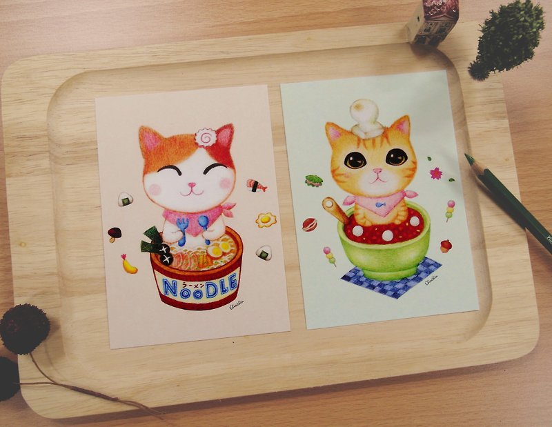 กระดาษ การ์ด/โปสการ์ด หลากหลายสี - ChinChin Hand-painted Cat Postcard-Japanese Ramen/Red Bean Glutinous Rice Ball (2 in a set)
